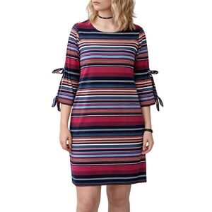 Striped Mini Dress 3/4 Sleeve Stretchy Pink Multicolor Pit to Pit 20” Size L